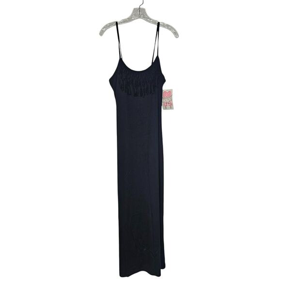 Miken Swim Fringe Maxi Dress Size M Swim Coverup Beach Black Grunge Goth Bodycon - Picture 1 of 6